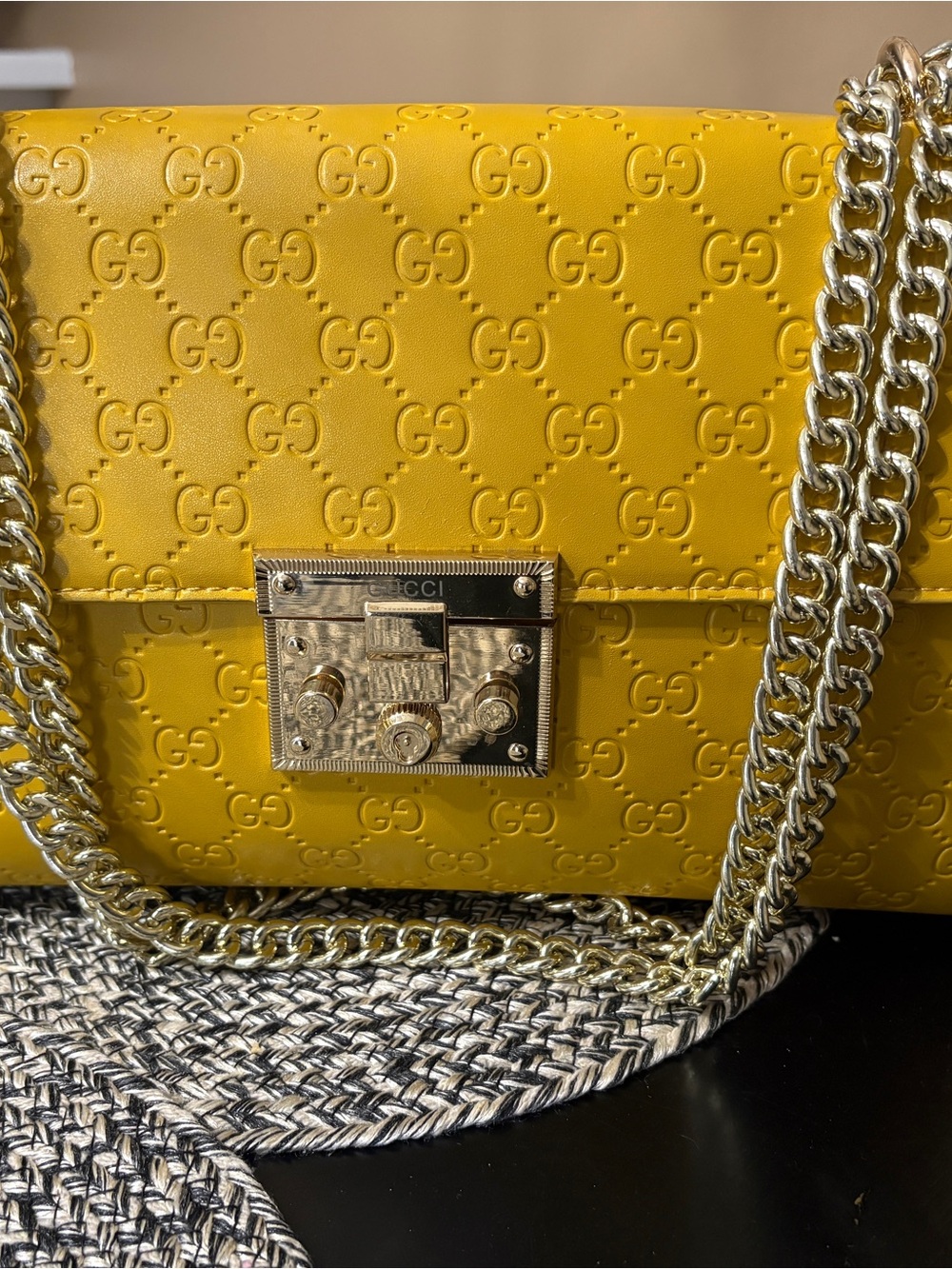 Gucci Yellow GG Embossed Leather Shoulder Bag with Gold Chain and Free Loafers